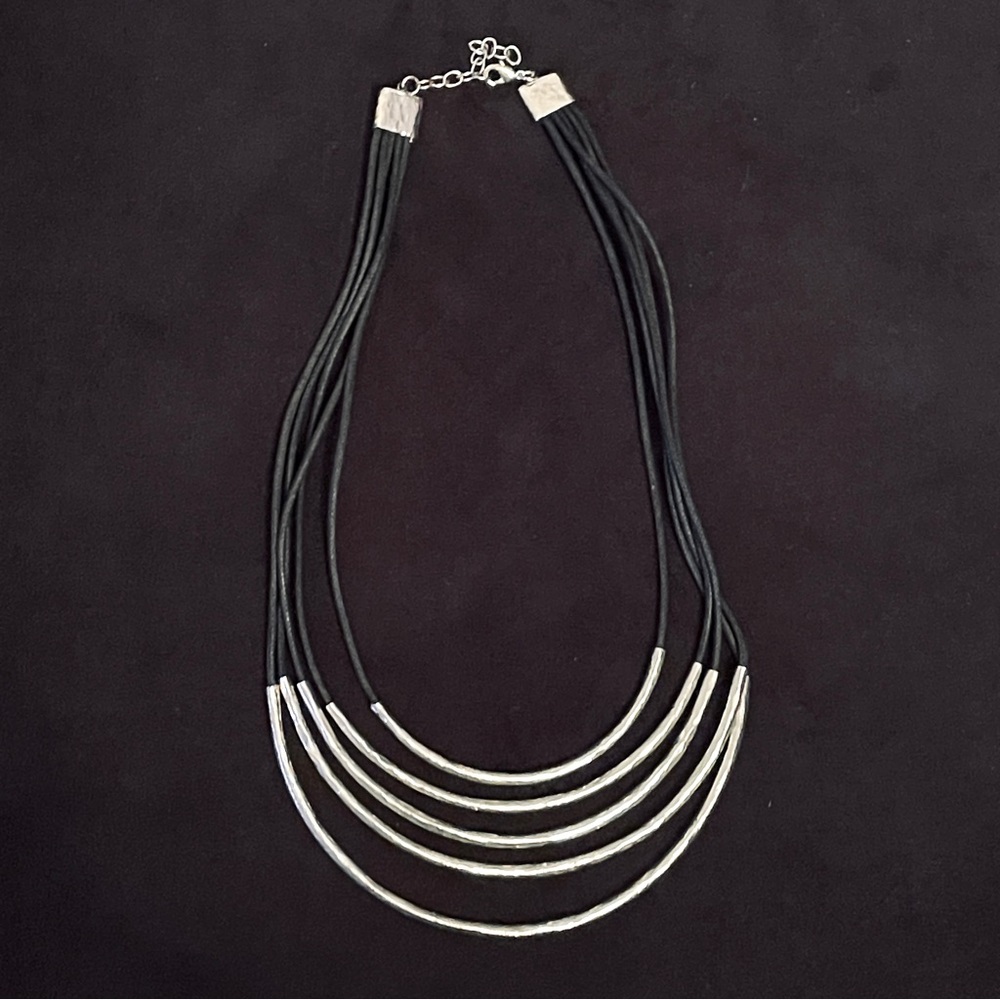 Women’s Silver Tone Bead And Black Cord Necklace